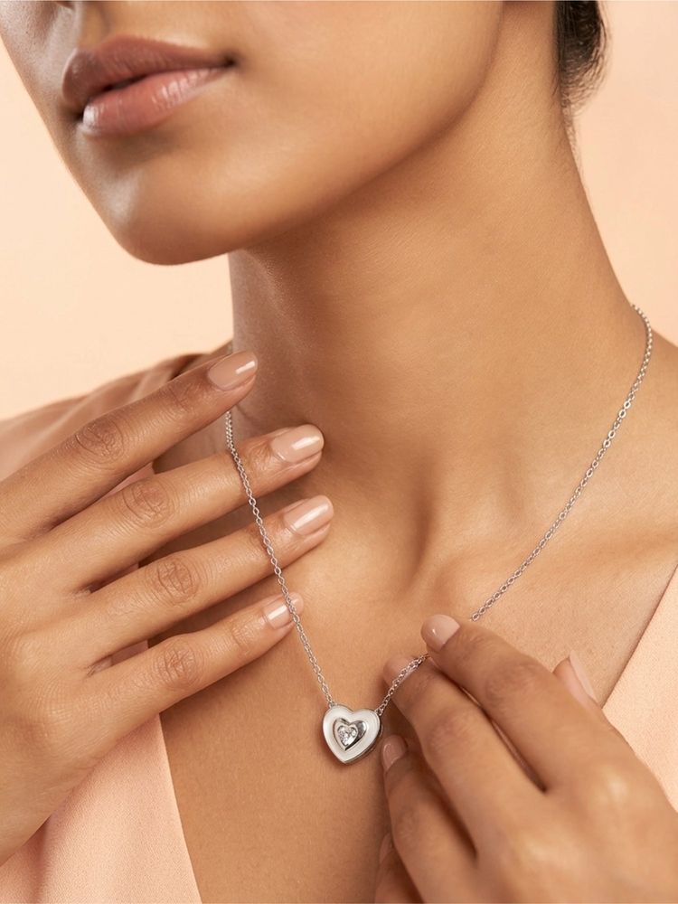 925 SILLER 925 Pure Silver White Double Heart Radiance Necklace-picture-35