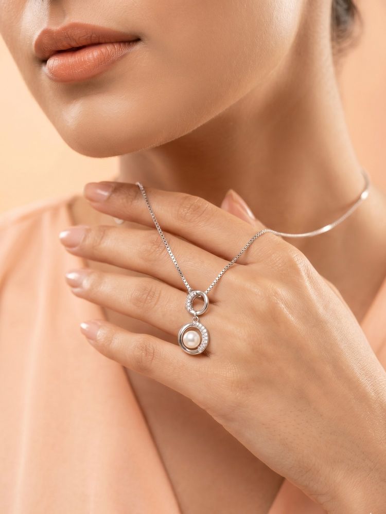 925 SILLER 925 Pure Silver White Pearl Halo Elegance Necklace-picture-37