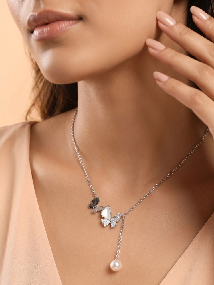 925 SILLER 925 Pure Silver White Butterfly Pearl Drop Necklace-picture-33