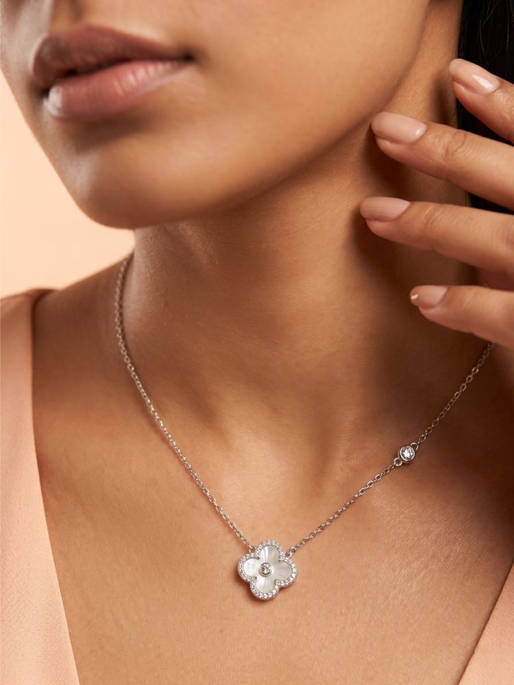 925 SILLER 925 Pure Silver White Blossom Charm Floral Necklace-image-32