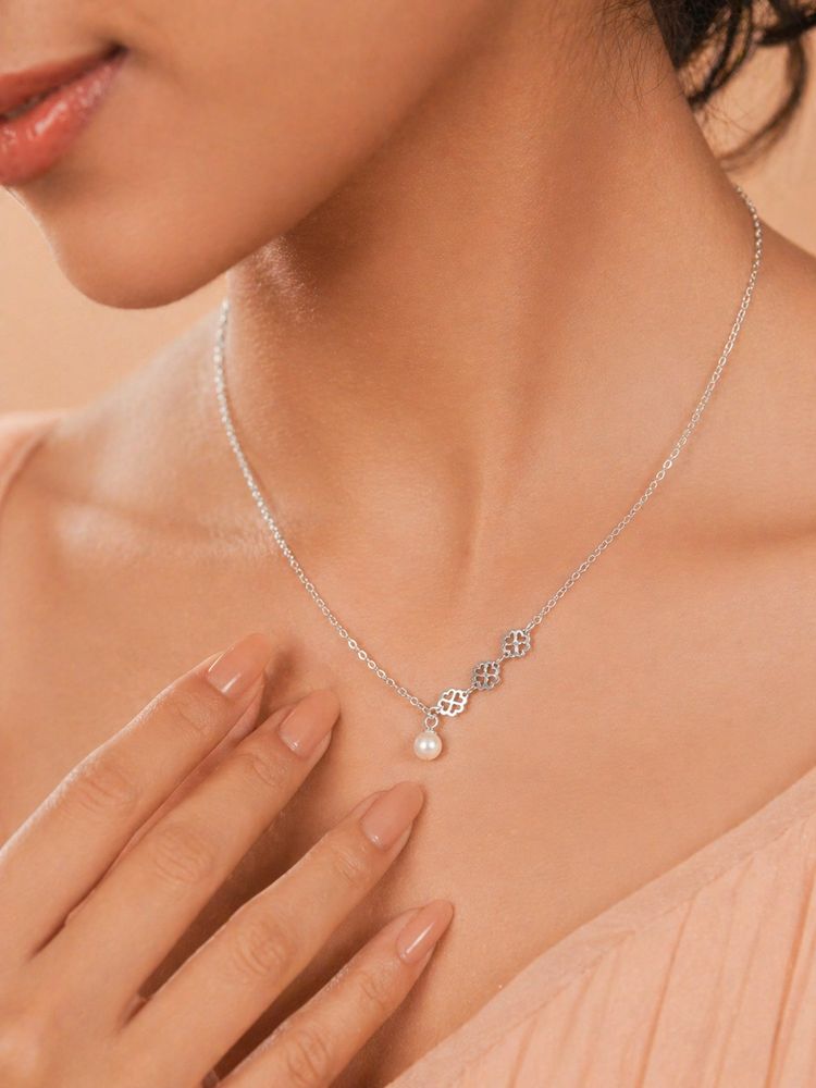 925 SILLER 925 Pure Silver White Elegant Clover Pearl Drop Necklace-picture-32