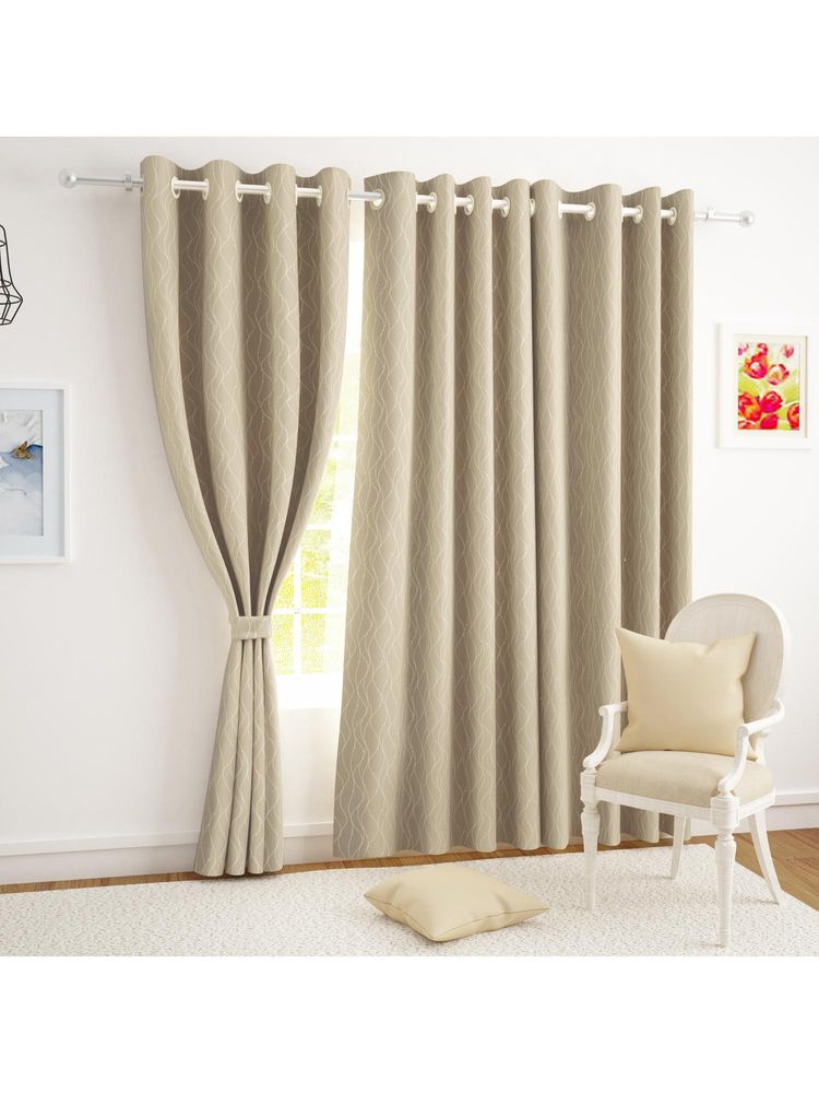 Story@Home Blackout Foil Beige & Golden Curvy Line Dots Pattern Semi Long Door Curtain (8 Feet)-image-17