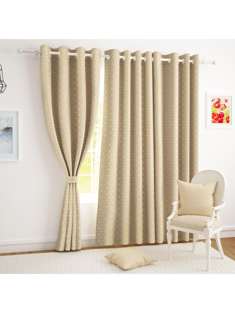 Story@Home Blackout Foil Beige & Golden Hexagon Pattern Long Door Curtain (9 Feet)-image-2