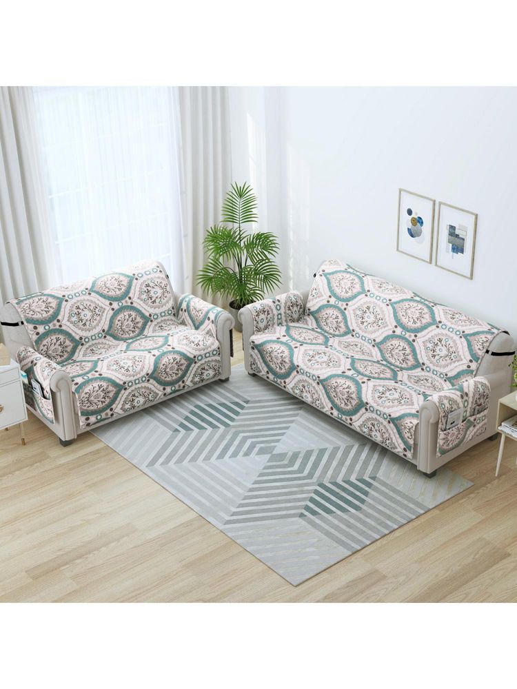 Story@Home Synthetic Polka 3+2 Seater Sofa Cover (Ivory & Ocean Green Pack of 2)-picture-23