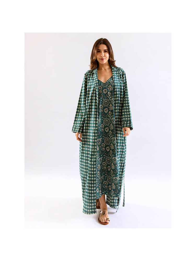 FEATHERS CLOSET Teal Breezy Boho Pure Cotton Sleepwear Dress with Shrug (Set of 2)-image-47