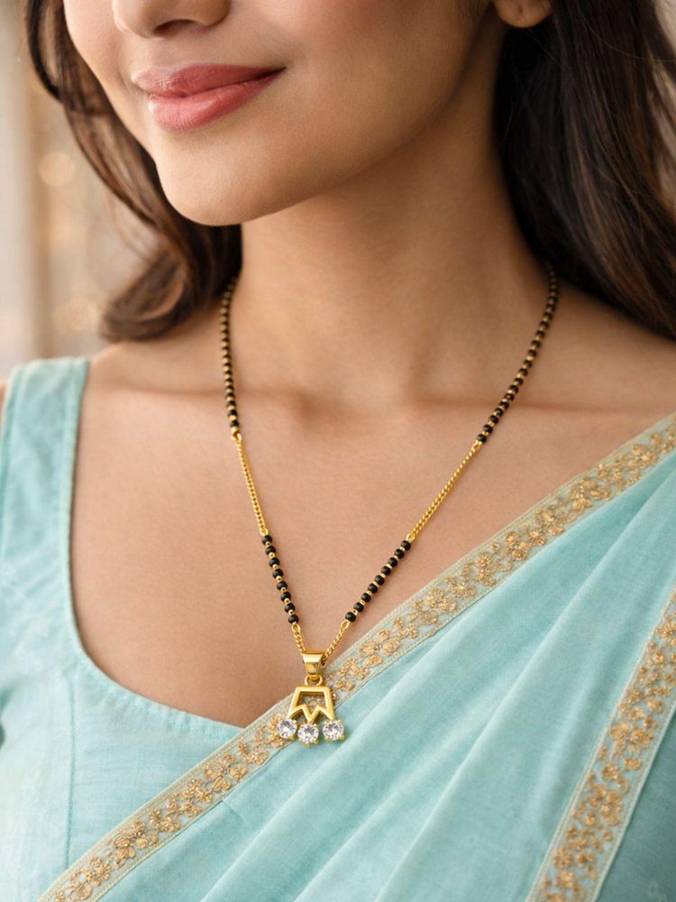 Digital Dress Room Gold Plated Crown Pendant Short Mangalsutra Black Beads And Triple Stone Design-image-19