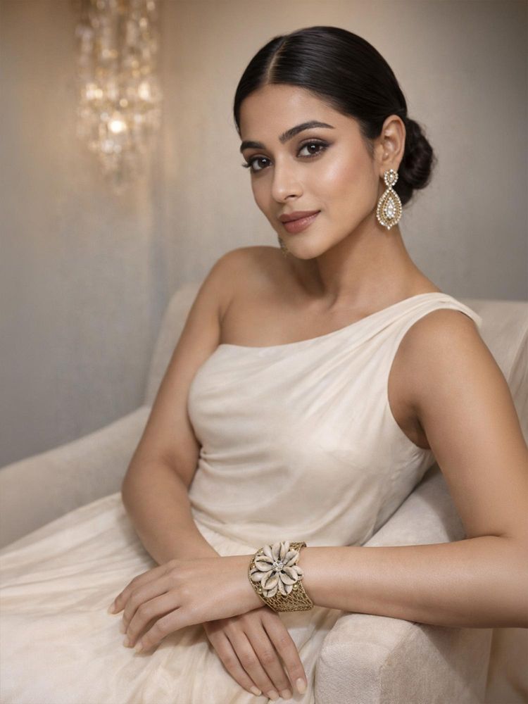 Odette Golden Alloy Pearl And Stone Cuff For Women-image-37