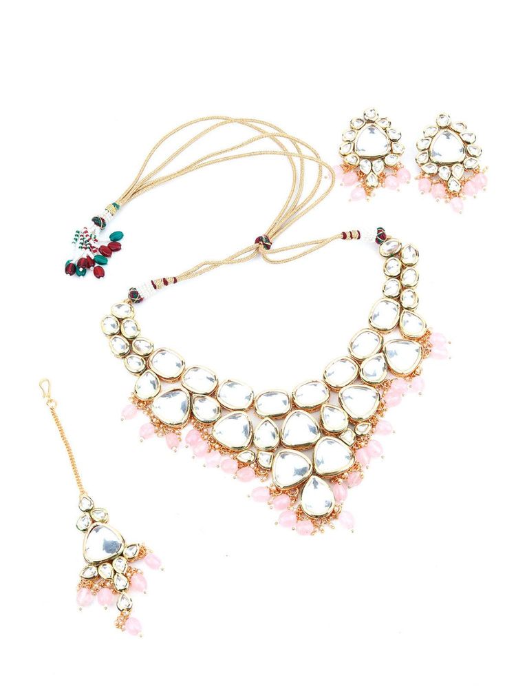 Odette Women Grape Bunch Shape Pink Mani-Kundan Necklace And Earrings With Maang Tikka-image-16