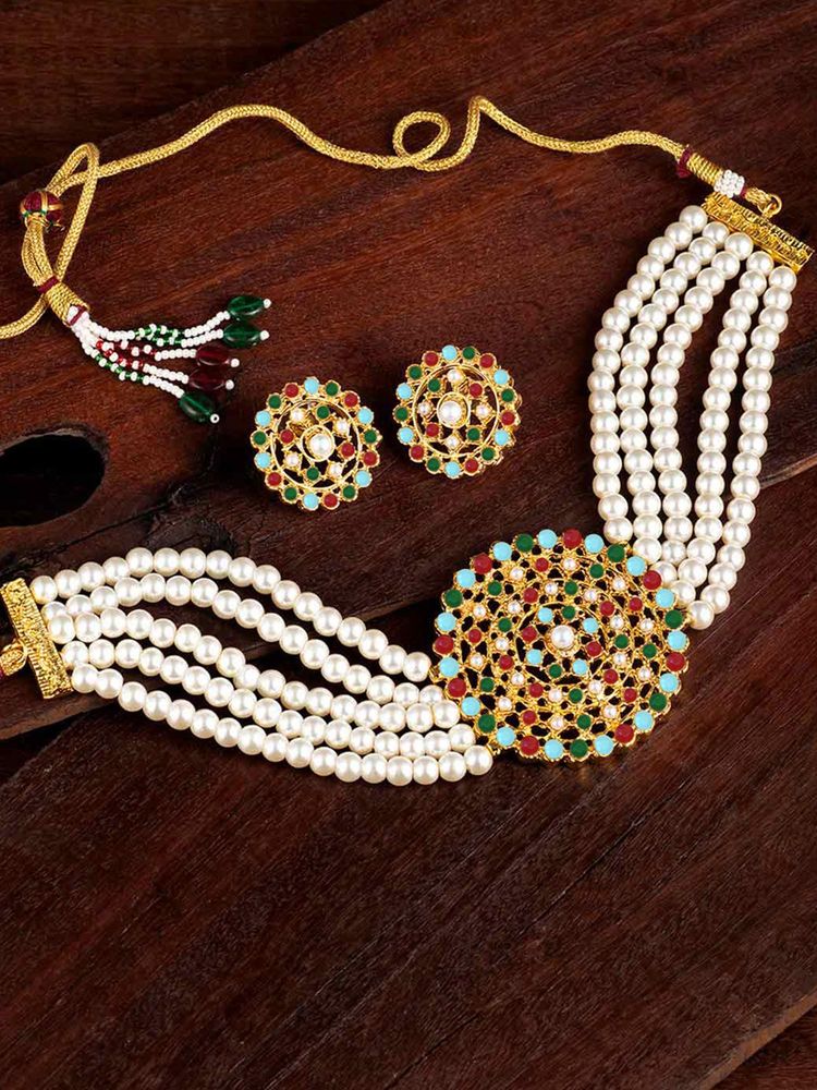 Peora Multi-Color Kundan and Beads Choker Necklace with Round Earrings for Women-picture-29