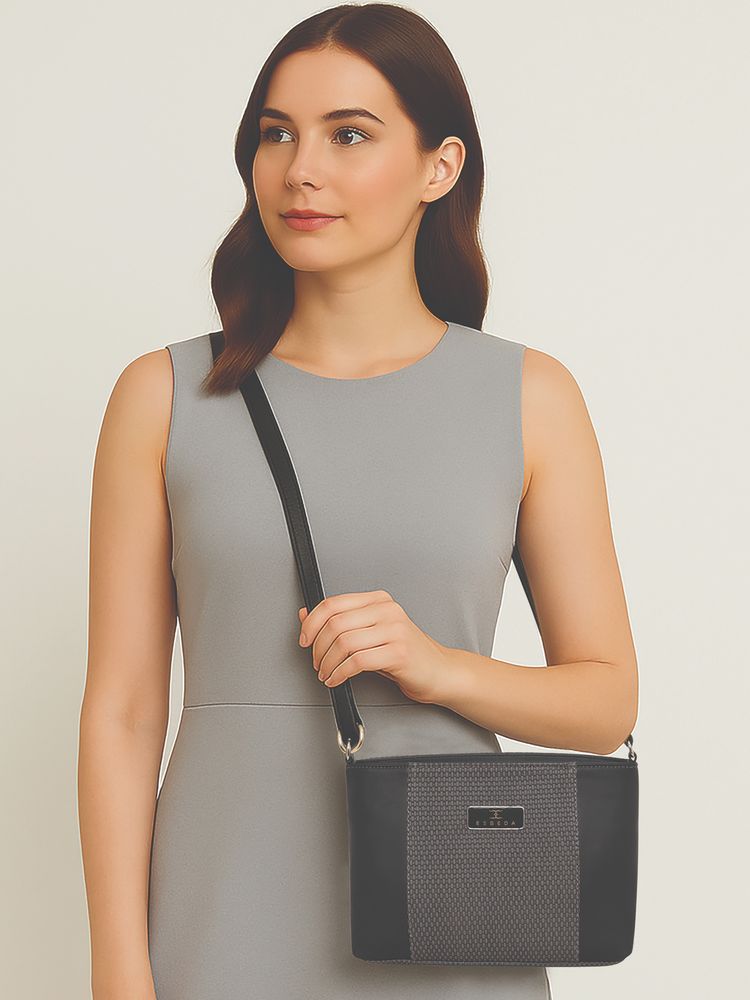 ESBEDA Black Colour Dual-Zip Textured Sling Bag For Women-image-29