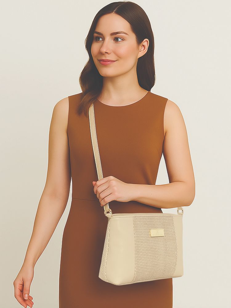 ESBEDA Cream Colour Dual-Zip Textured Sling Bag For Women-image-4