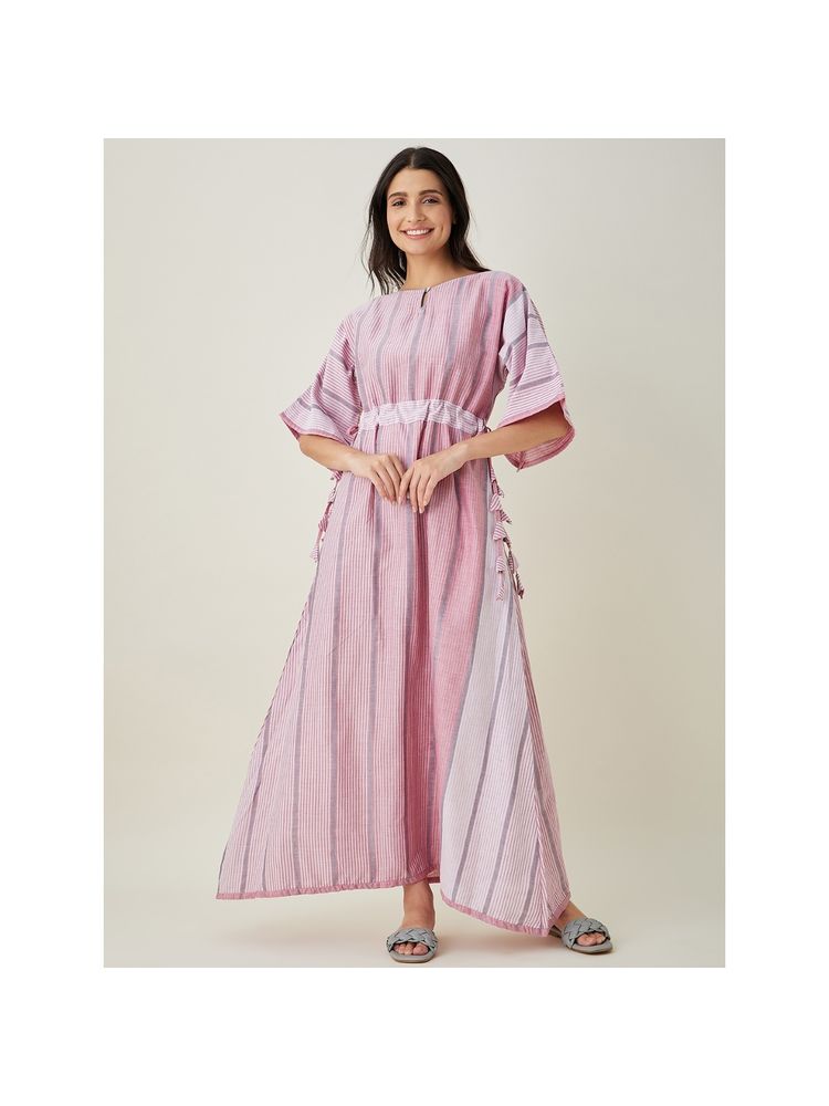 The Kaftan Company Pastel Pink Striped Handloom Cotton A-Line Nightdress-picture-12