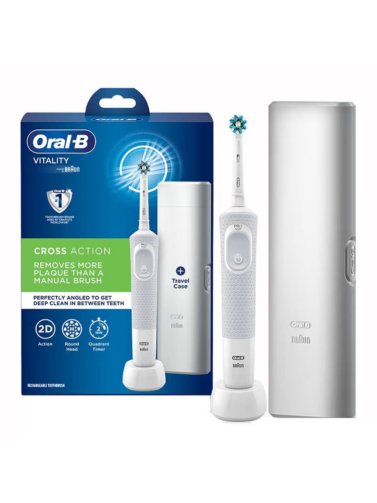 Oral B Vitality Rechargeable Electric Rotating Toothbrush For Adults With Travel Case (White, 1)