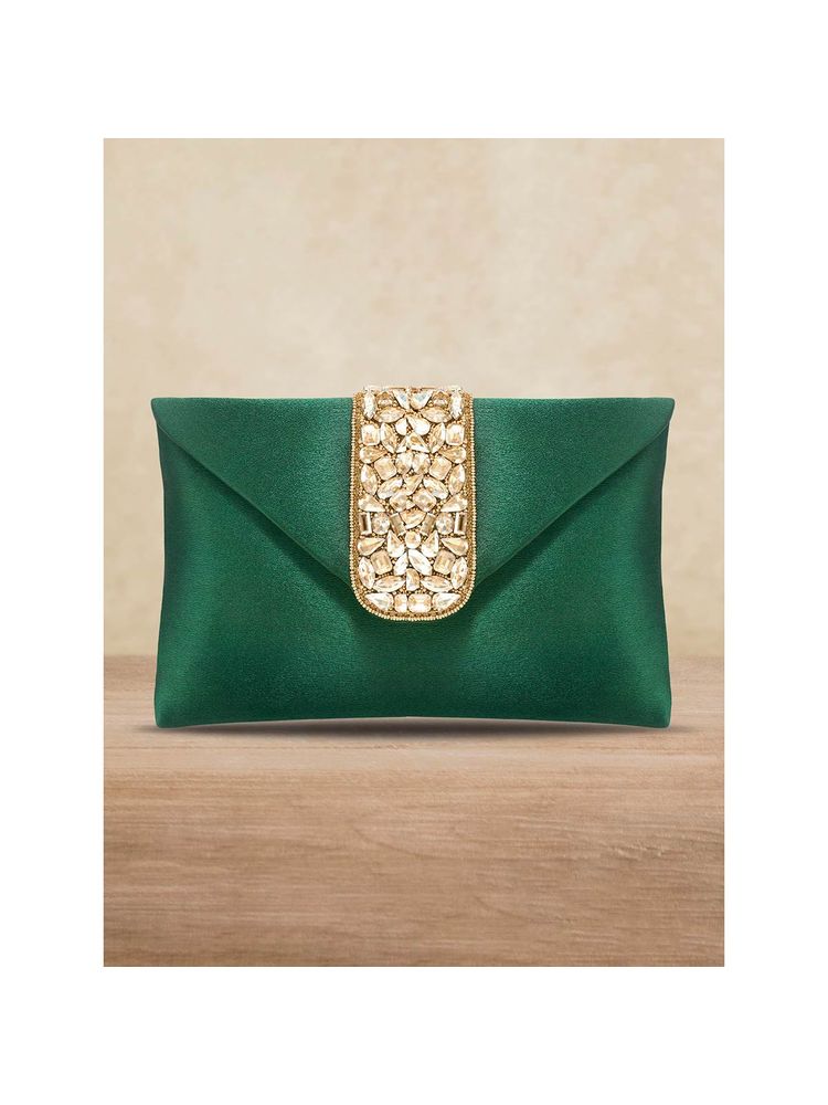 Peora Green Gold-Toned Embellished Buckle Detail Purse Clutch -C61GRN-picture-17
