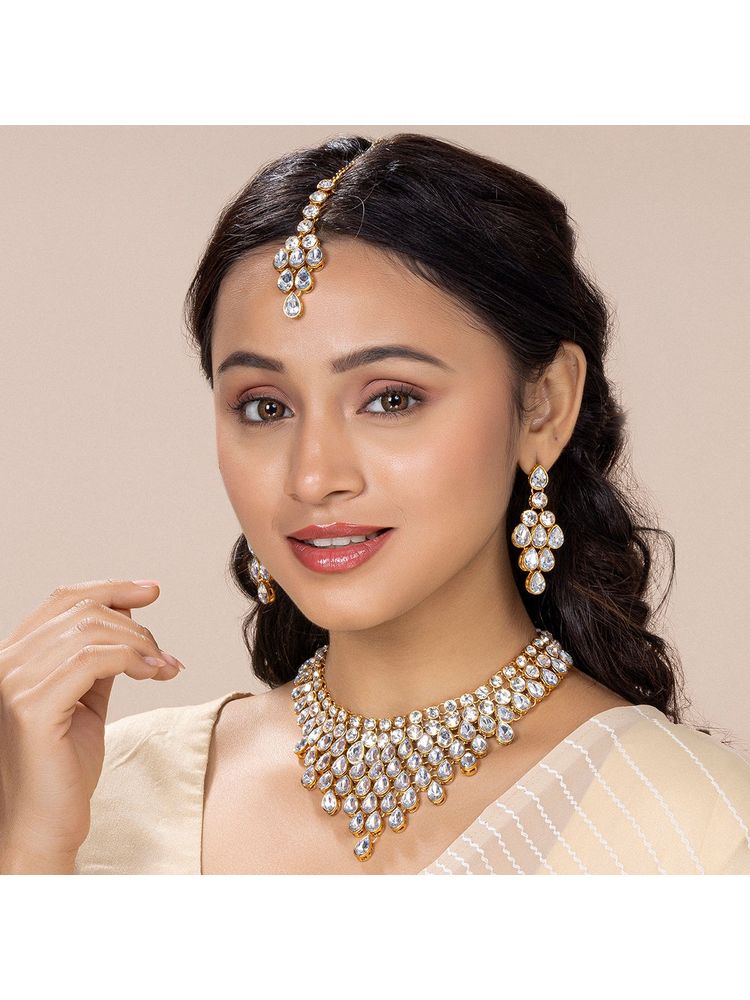 Peora Gold Plated Ethnic Traditional Kundan Bridal Jewellery Set Earring Maang Tikka (PF25BRC002W)-picture-21