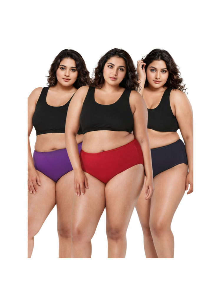 Adira Plus Size High Waisted Purple Maroon & Black Briefs (Pack of 3)-picture-19