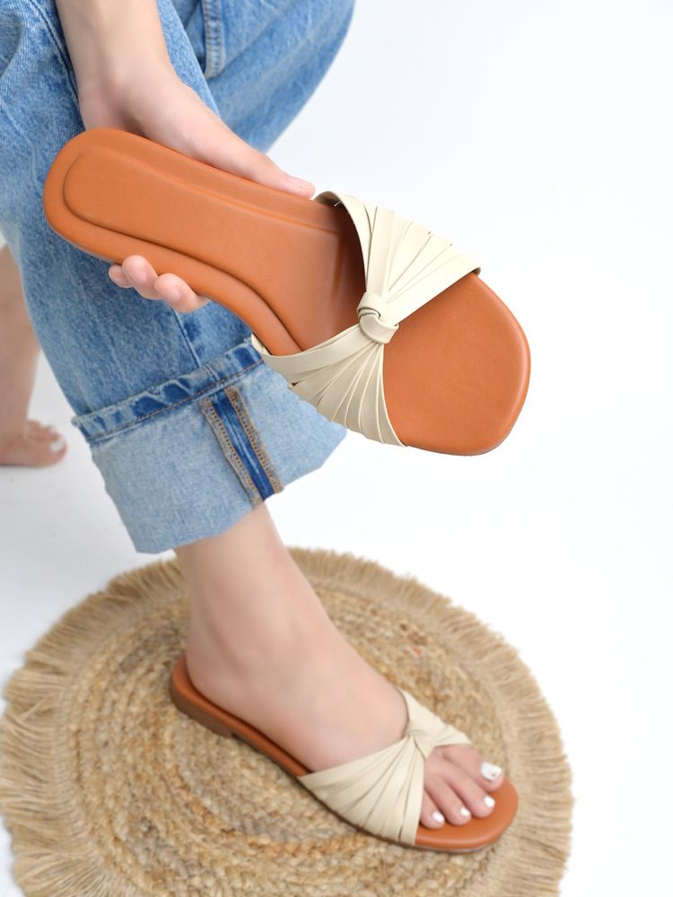 Shoetopia Women's Elegant Knotted Strap Flat-Cream-image-19