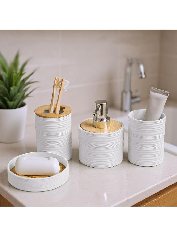 Story@Home Bamboo Bath Set 400 Ml Liquid, Soap Dispenser (White)