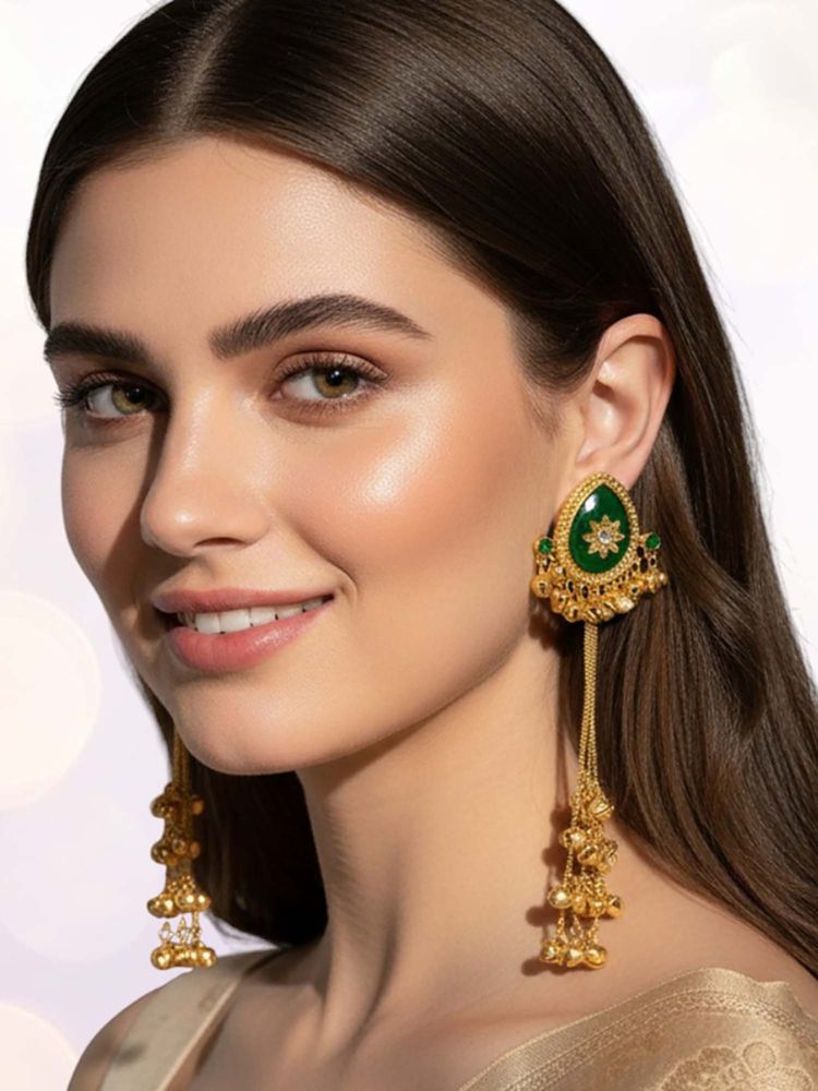 OOMPH Long Kashmiri Large Green Jaipur Stone Earrings-image-5