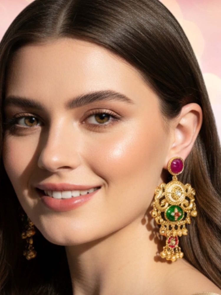 OOMPH Multi-Color Gold Heritage Kashmiri Ghungroo Detailing Dangler Earrings-image-11