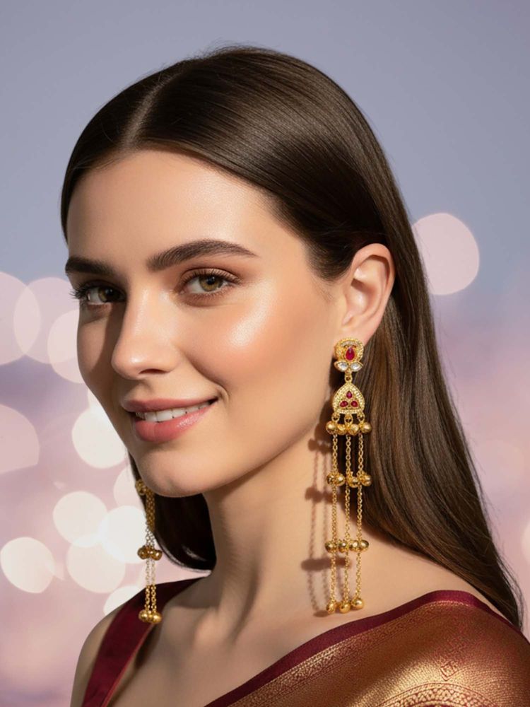 OOMPH Multi-Color Long Kashmiri Floral Design with Ghungroo Dangler Earrings-picture-14