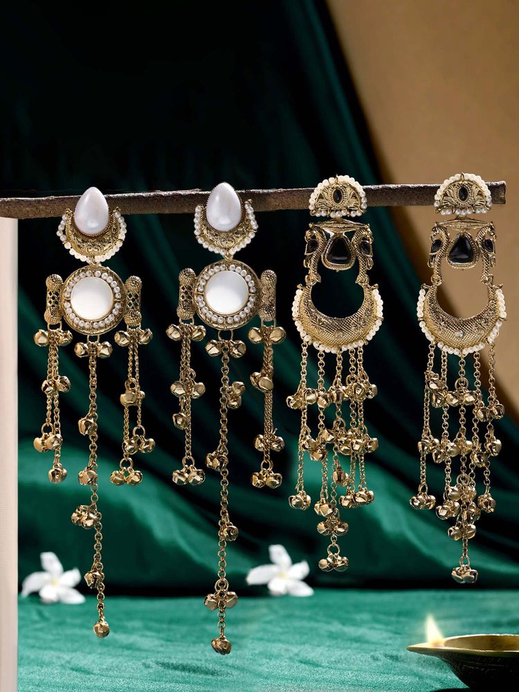 Zaveri Pearls Multi-Color Stone Ghungroo Antique Chandbali Earrings (Pack of 2)-image-26