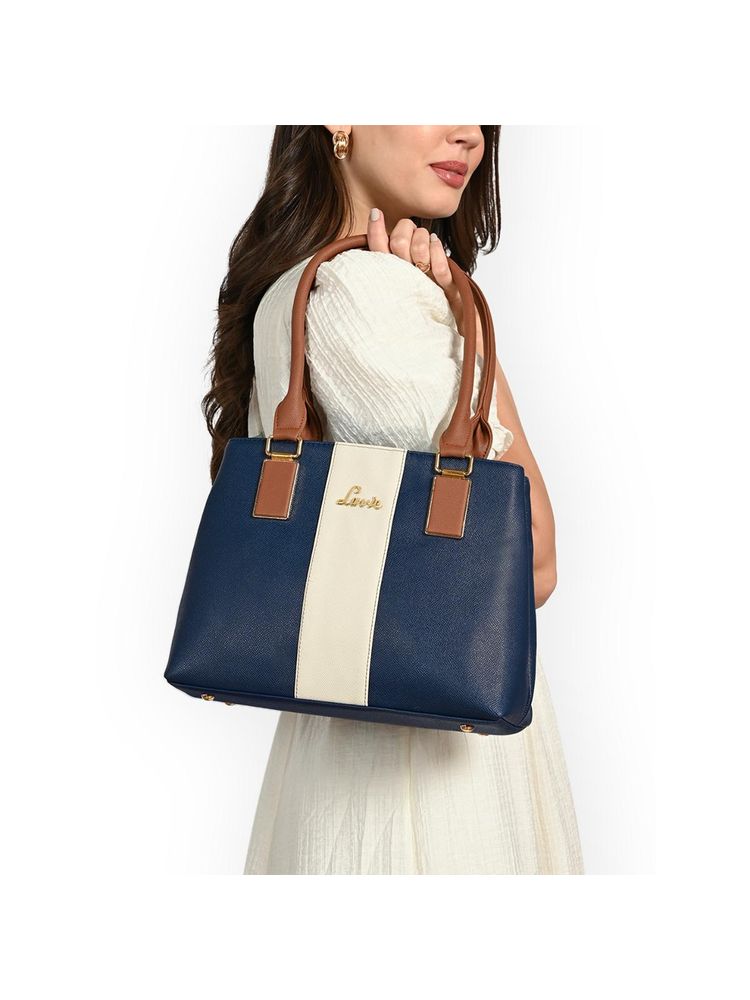 Lavie Women Navy Blue Kassy Colourblock Satchel Bag (M)-image-28