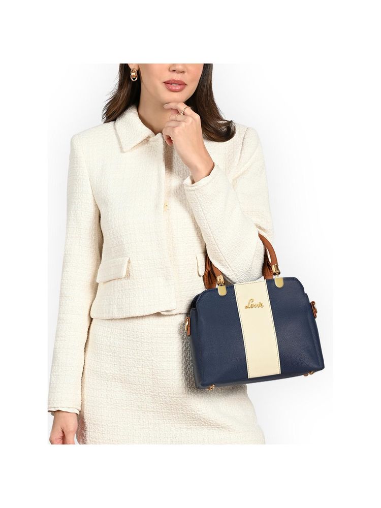 Lavie Women Navy Blue Kristy Colourblock Satchel Bag with Detachable Strap (S)-image-4
