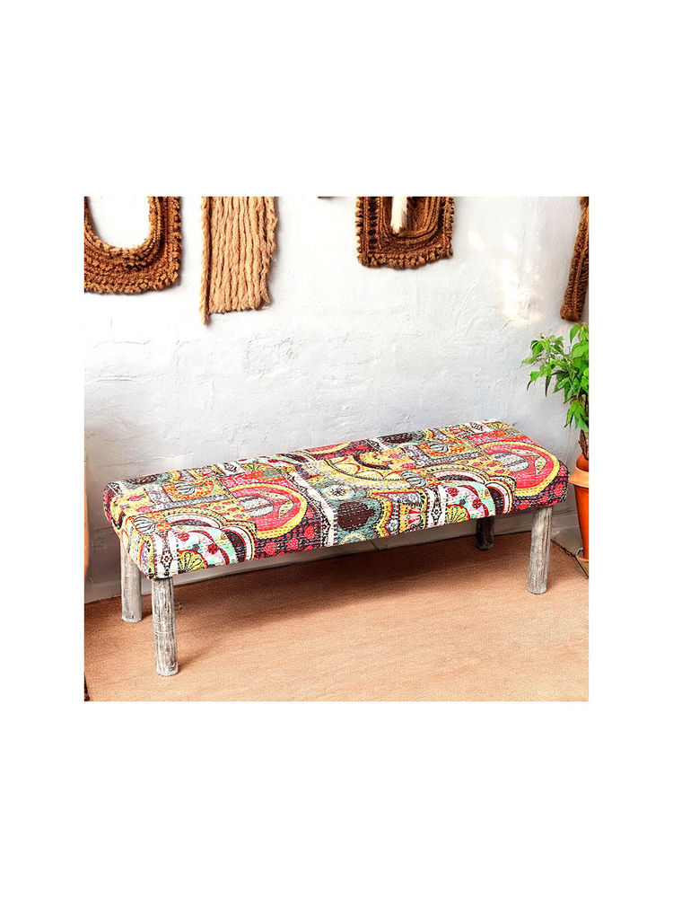 Ikiriya Asteria Solid Wood 2 Seater Bench in Multi Colour Israel Print Kantha fabric (1 Year Warranty)-image-3