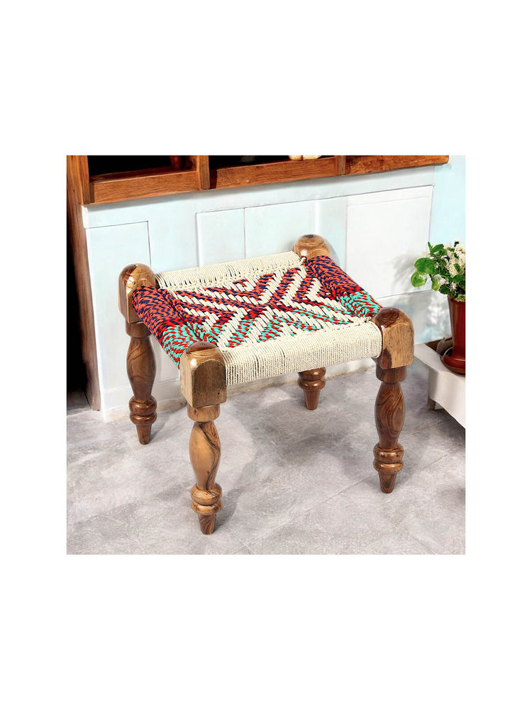 Ikiriya Riaza Sheesham Wood Maachi Stool in Assorted Multi-Colour Chindi & White Rope Canning (1 Year Warranty)-picture-25