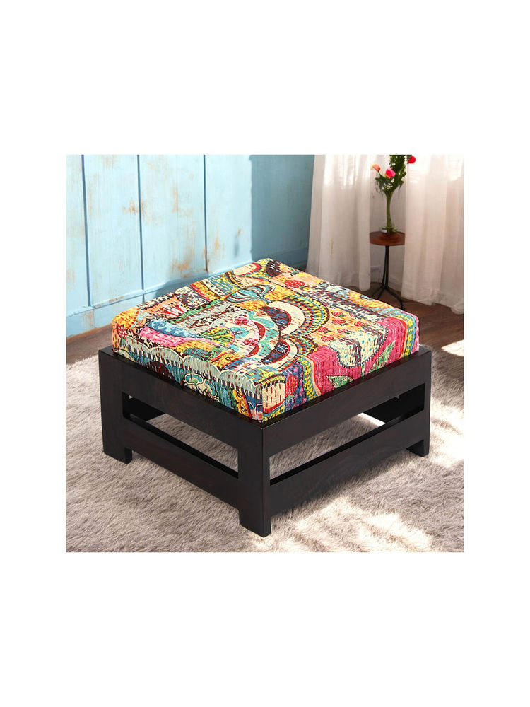 Ikiriya Amber Sheesham Wood Stool Mahogany Finish & Multi Colour Israel Print Kantha fabric Cushion (1 Year Warranty)-picture-16
