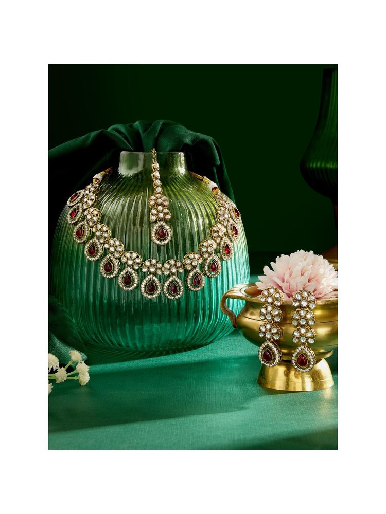 Zaveri Pearls Pink and White Stones Antique Kundan Necklace Earring and Maan Tikka Set-image-28