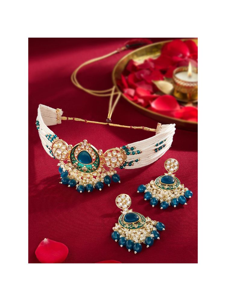 Zaveri Pearls Peacock Green and White Meenakari Kundan Choker Necklace and Earring Set-image-45