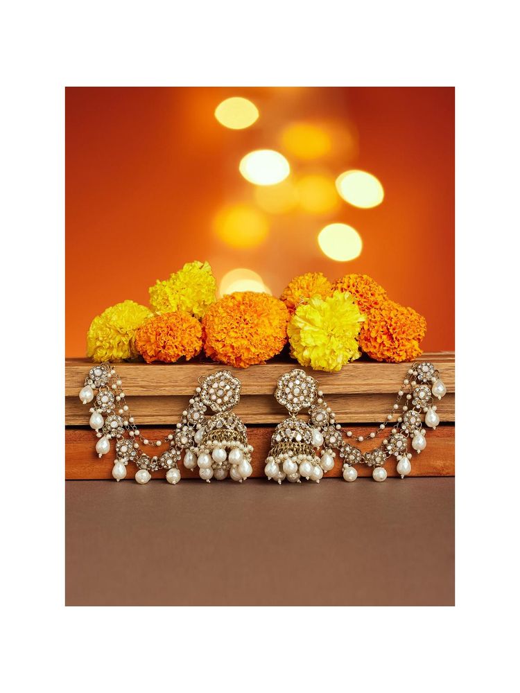 Zaveri Pearls White Stones Antique Gold Tone Beads Jhumka Earrings with Ear Chain-image-44