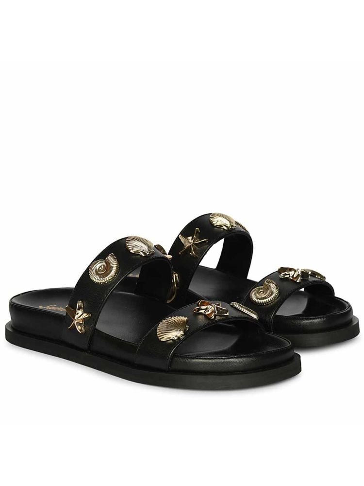 Saint G Hallie Gold Seashell and Star Studs Leather Black Sandals-picture-20