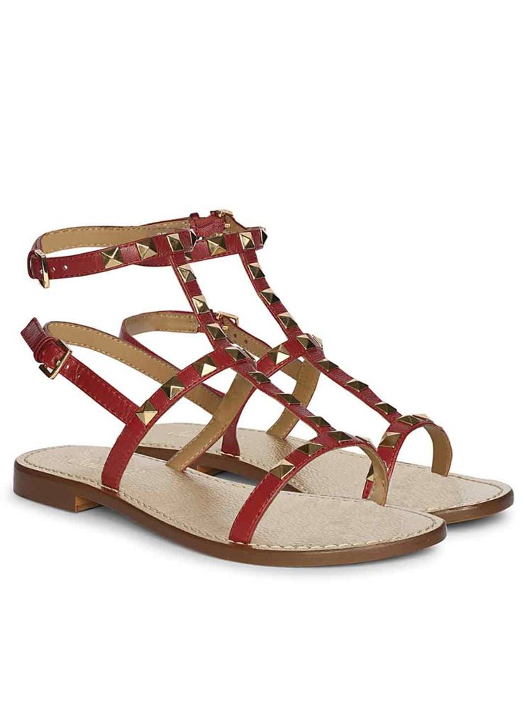 Saint G Womens Genuine Red Leather Double Buckle Flat Sandals-image-2