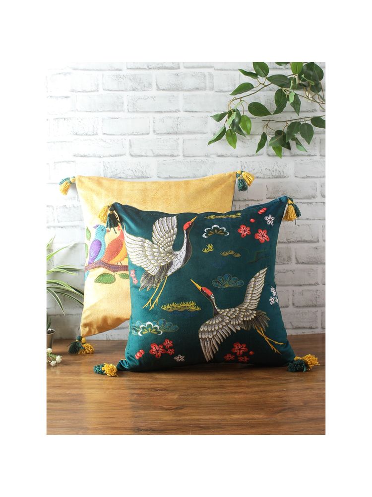 eyda Digital Print Yellow And Green Color Velvet Reversible Cushion Cover Set Of 2-18X18 Inch