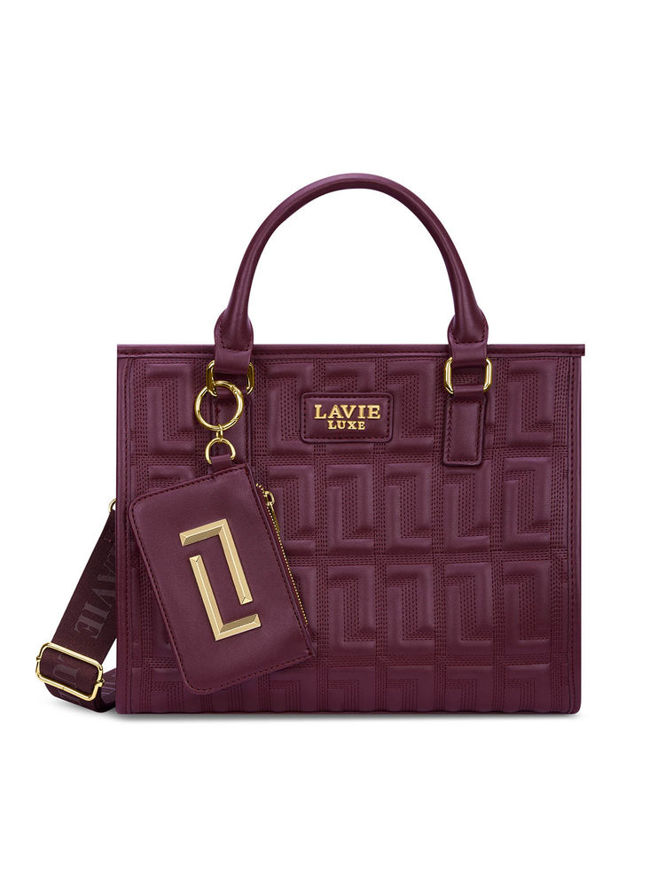 Lavie Luxe Quem Maroon Textured Satchel Bag with Detachable Strap with Pouch-image-47