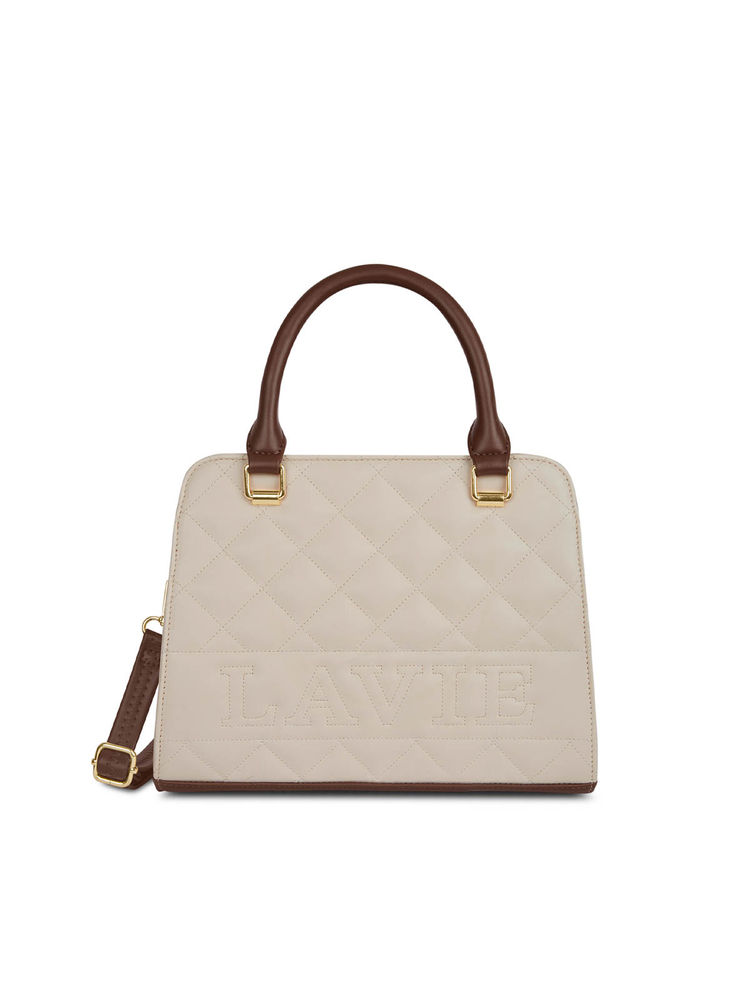 Lavie Quilt Joanna Off White Textured Satchel Bag with Detachable Strap-image-8
