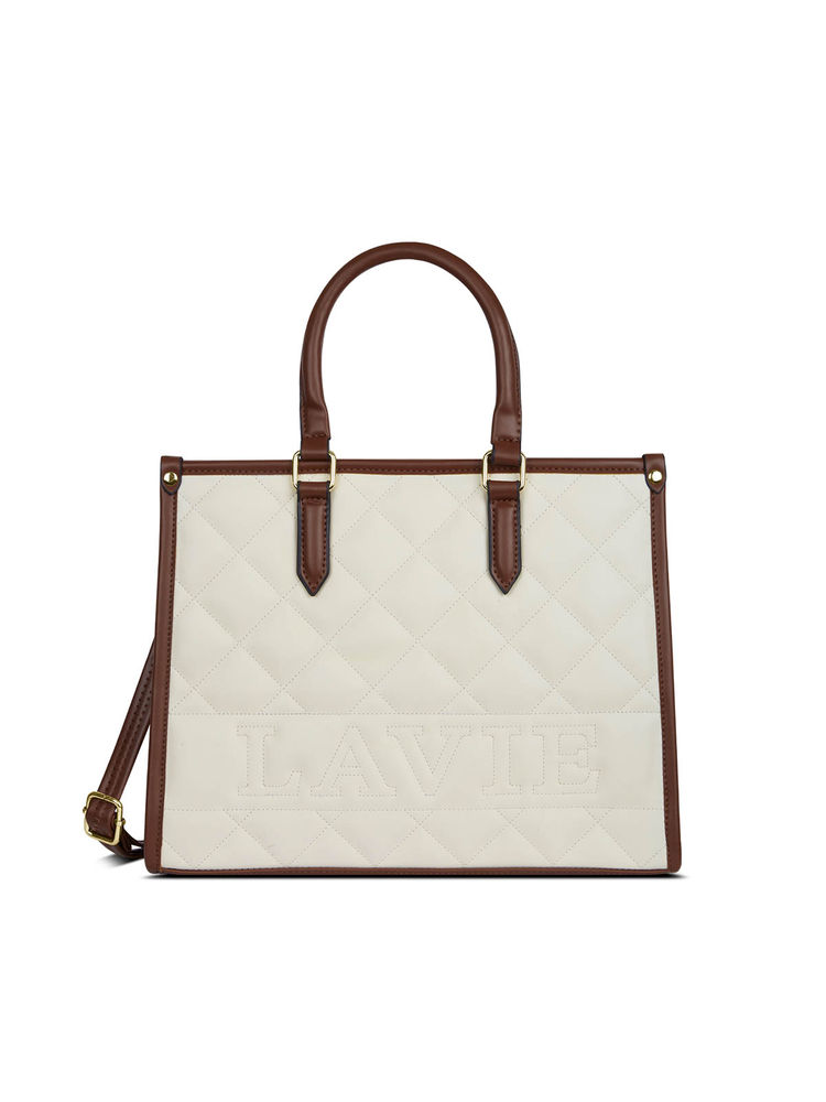 Lavie Quilt Jessa Off White Textured Satchel Bag with Detachable Strap-picture-28