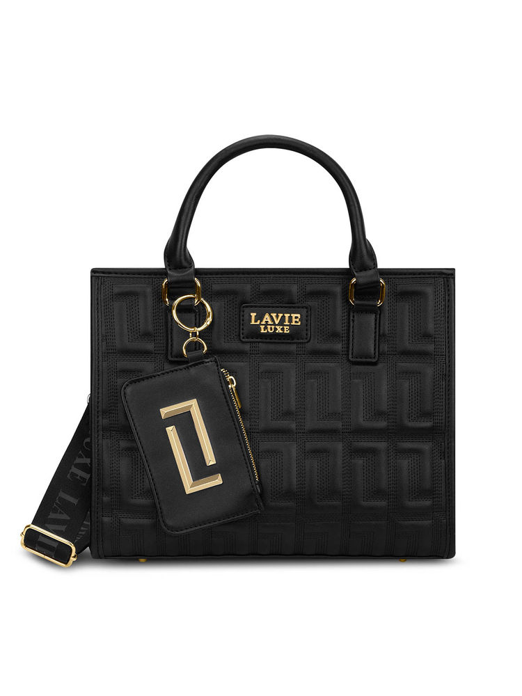 Lavie Luxe Quem Black Textured Satchel Bag with Detachable Strap with Pouch-picture-18