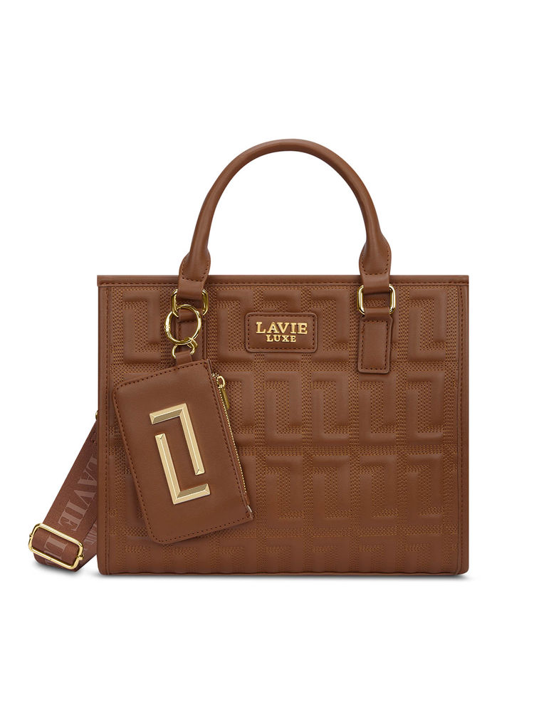 Lavie Luxe Quem Tan Textured Satchel Bag with Detachable Strap with Pouch-image-43
