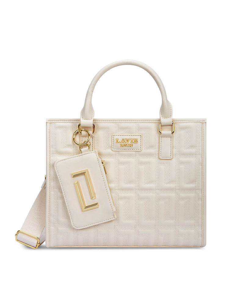 Lavie Luxe Quem Off White Textured Satchel Bag with Detachable Strap with Pouch-image-10