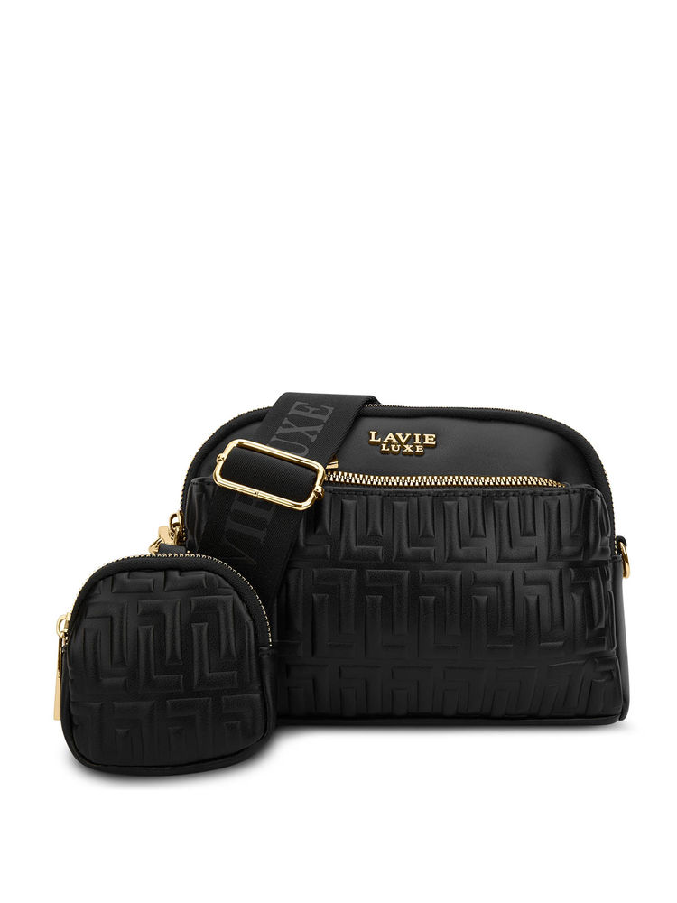 Lavie Luxe Emhemi Black Textured Sling Bag with Pouch-image-22
