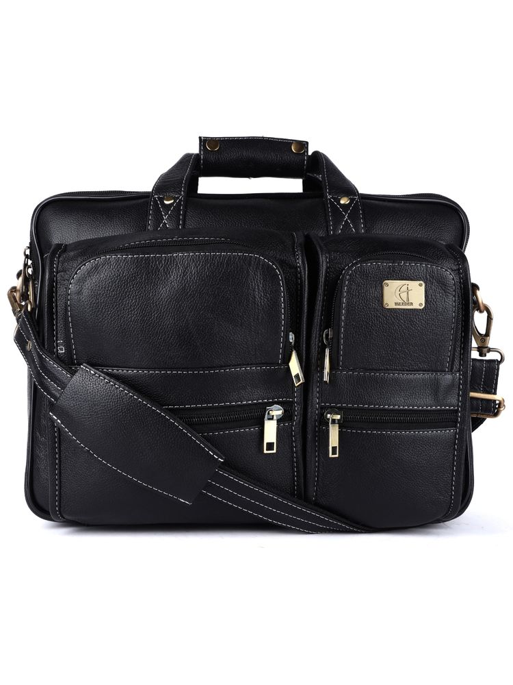 HiLEDER Pure Genuine Leather Unisex 15 Inch Briefcase Laptop Messenger Bag- Black-image-18