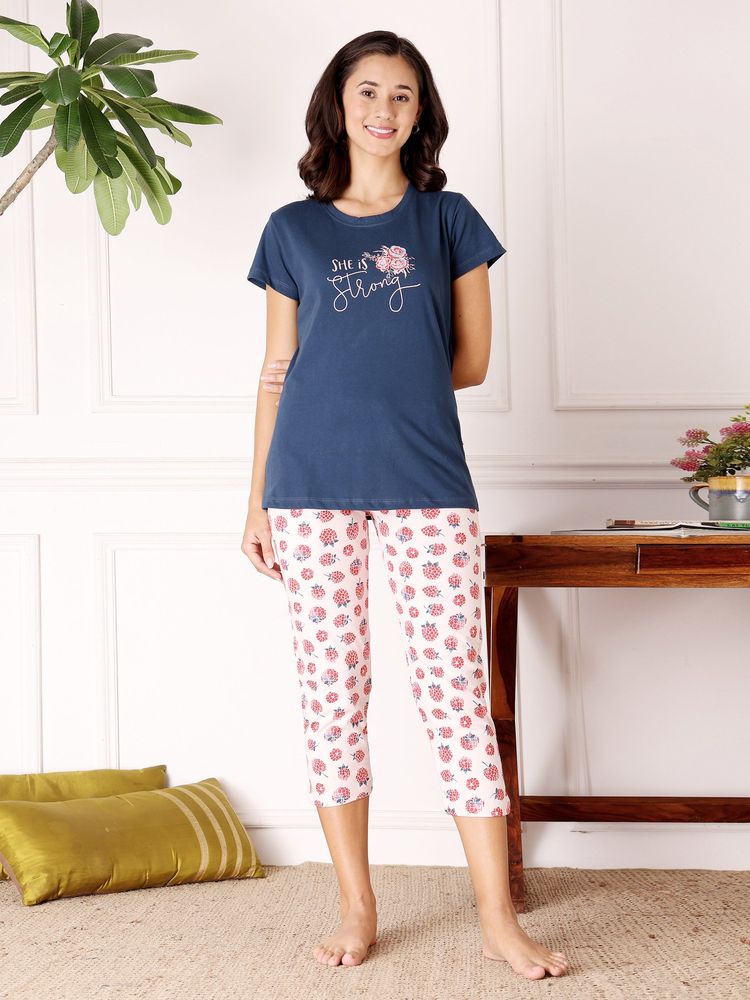 Bodycare Blue Women Printed Half Sleeves T-Shirt with Capri-picture-13