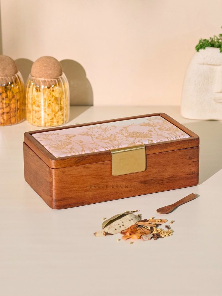 Brick Brown Noor Spice Box with Lid with 8 Steel Containers & Wooden Spoon-picture-32