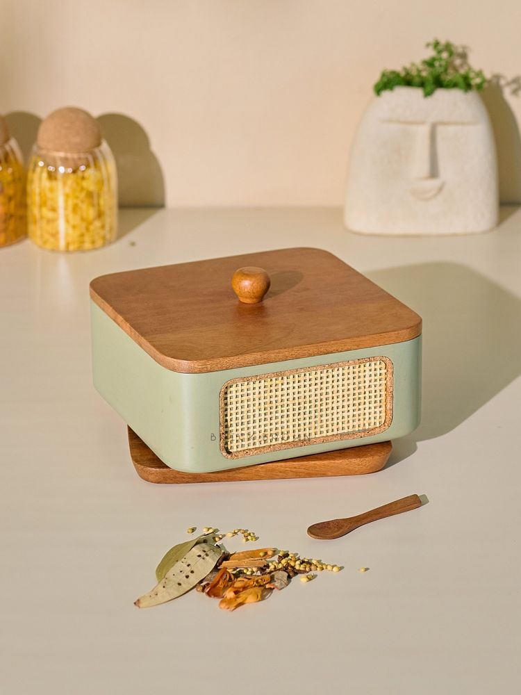 Brick Brown Jali Wooden Masala Box with Lid 9 Stainless Steel Containers & Wooden Spoon-picture-34