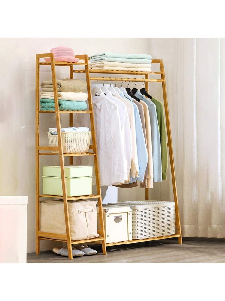 House of Quirk Light Brown Bamboo Wood Garment Clothing Rack with 5 Tiers Storage Shelf Corner-picture-18