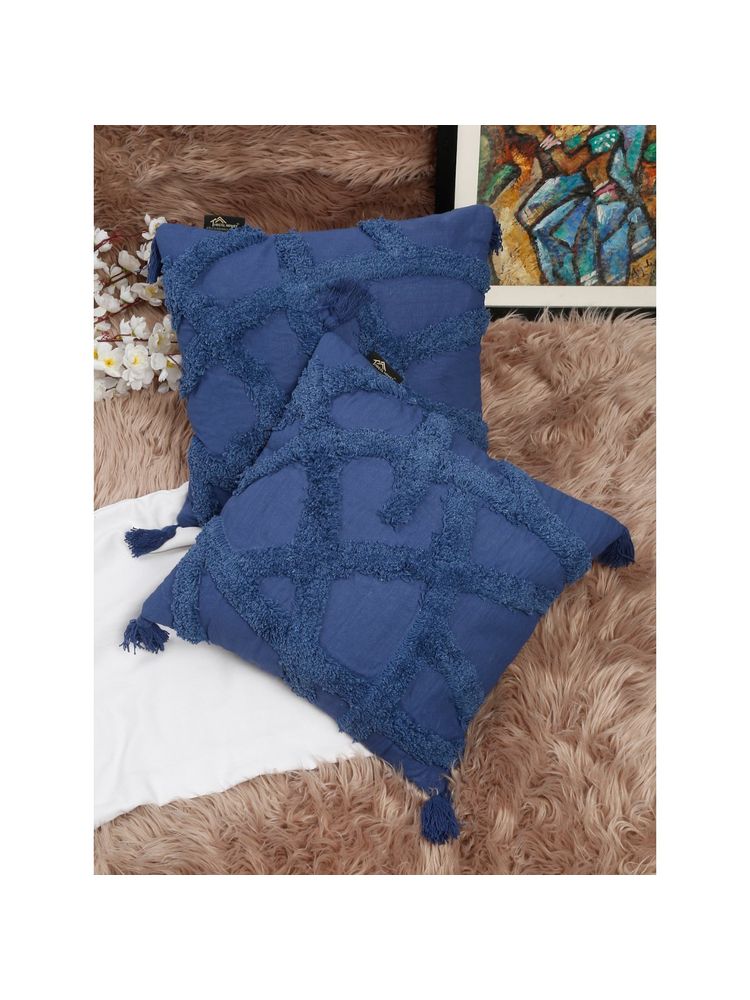 HOSTA HOMES Pure Cotton Hand Tufted Tassel Cushion Covers Pack of 2 Navy Blue (16x16 inches)-picture-1